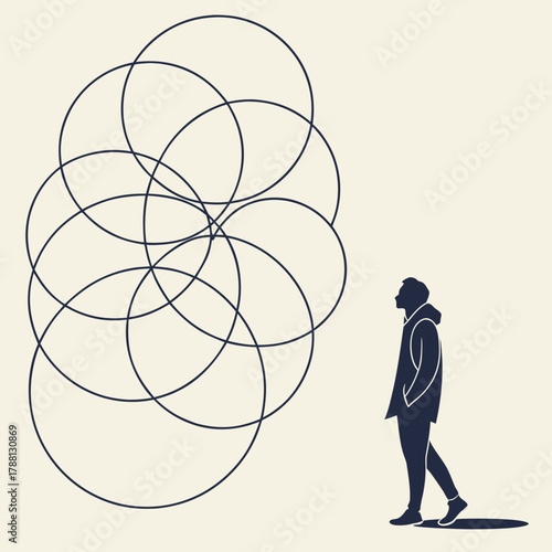 Silhouette of a thoughtful person looking up at a complex geometric pattern of overlapping circles against a plain background symbolizing contemplation and abstract thought