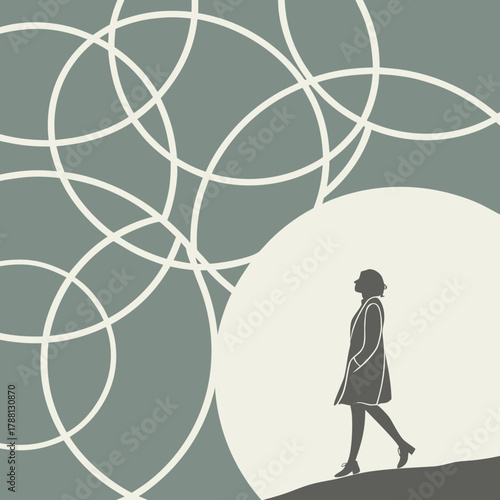 A lone woman in silhouette walks forward with purpose on a hill against a backdrop of abstract overlapping circles and a light cream circle