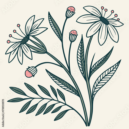 Delicate hand drawn floral illustration featuring blooming flowers and buds with green leaves and stems against a soft cream background in a simple minimalist style