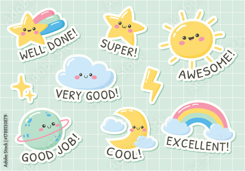 Motivational stickers for kids. Vector school sticker set. 