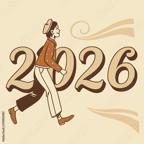 A stylized illustration of a person in retro clothing running towards the year 2026 with a sense of optimism and forward momentum