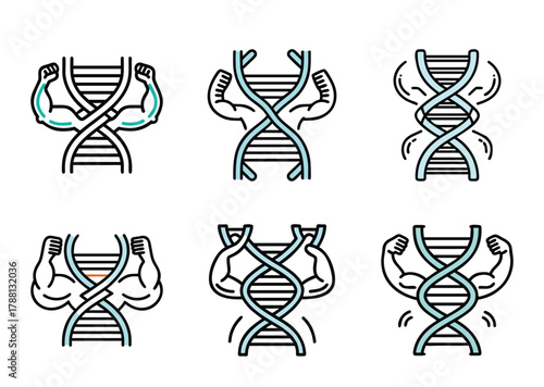 Various stylized DNA strands with muscular arms illustrating genetic strength and health