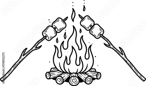 Campfire, marshmallows, roasting sticks, outdoor fire, camping food, summer night, bonfire, flame, wilderness, adventure, cozy, heat, snack, nature, forest, evening, picnic, tent, hiking