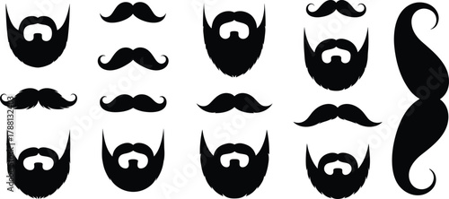 Beard and mustache silhouettes, facial hair collection, barbershop icons, grooming styles, vintage handlebar, hipster beard, symmetrical mustache, minimalist black vector