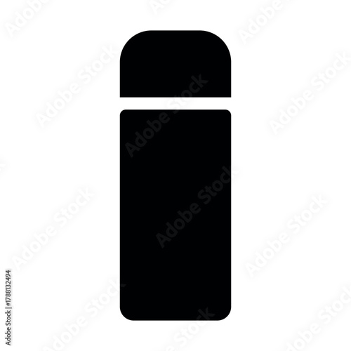An illustration depicting a black silhouette of a coffee or tea thermos icon on a white background