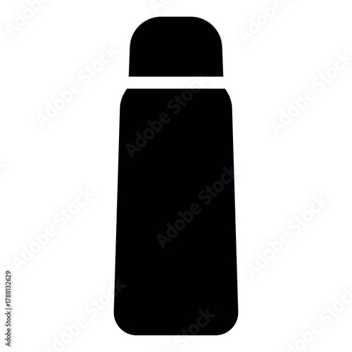 An illustration depicting a black silhouette of a coffee or tea thermos icon on a white background
