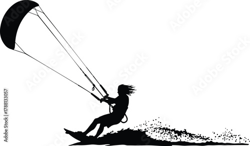 Kitesurfing silhouette, kiteboarding rider, ocean sport action, control bar and kite, splash trail, water sports, cad drawing flat vector illustration