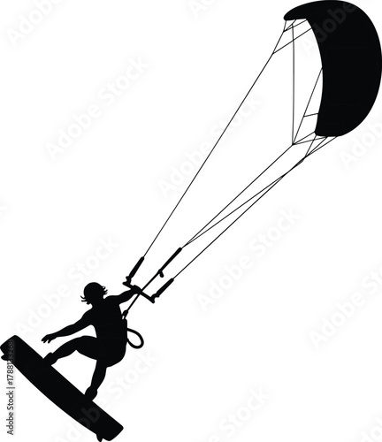 Kitesurfing, silhouette, kiteboarding, rider, control, bar, power, kite, ocean, action, water, sport, dynamic, spray, wind, cad, drawing, flat, vector, illustration