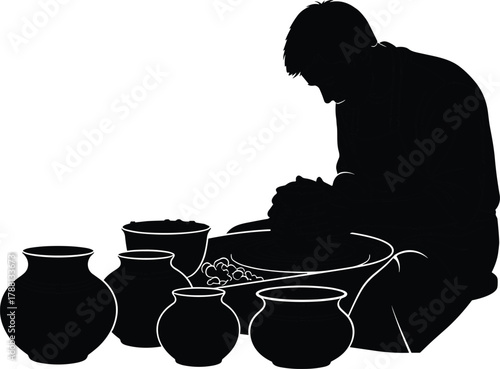Pottery silhouette, artisan shaping clay, potter at wheel, ceramic craft, handmade clay pots, traditional pottery, cad drawing flat vector illustration