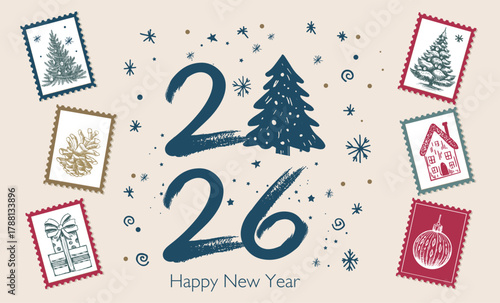 Festive 2026 New Year Card with Vintage Holiday Stamps
