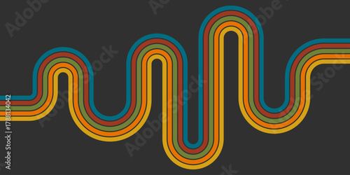 Stripe rainbow groovy background with vintage psychedelic lines. Vintage groovy poster with retro rainbow stripe line in groovy colors