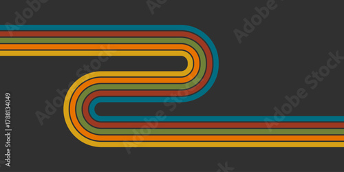 Stripe rainbow groovy background with vintage psychedelic lines. Vintage groovy poster with retro rainbow stripe line in groovy colors