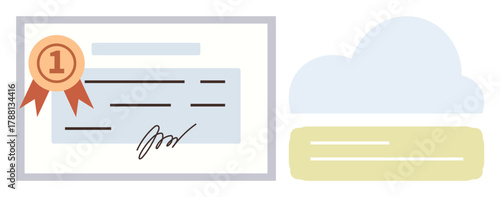 Certificate with award ribbon and signature next to a cloud storage symbol representing digital recognition, achievement, and data security. Ideal for education, technology, success, innovation