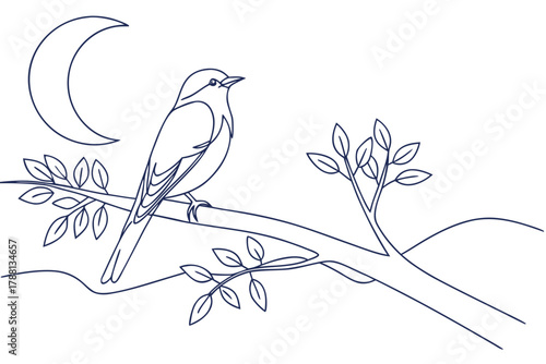 Continuous line bird on branch — elegant silhouette, peaceful minimal style vector