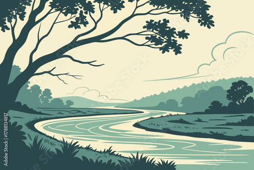 Abstract river flow lines — wavy minimal composition, natural landscape vector background