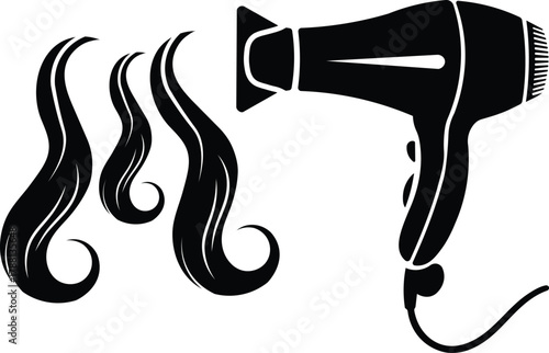 Vector black silhouette of a hairdryer blowing air and styling hair
