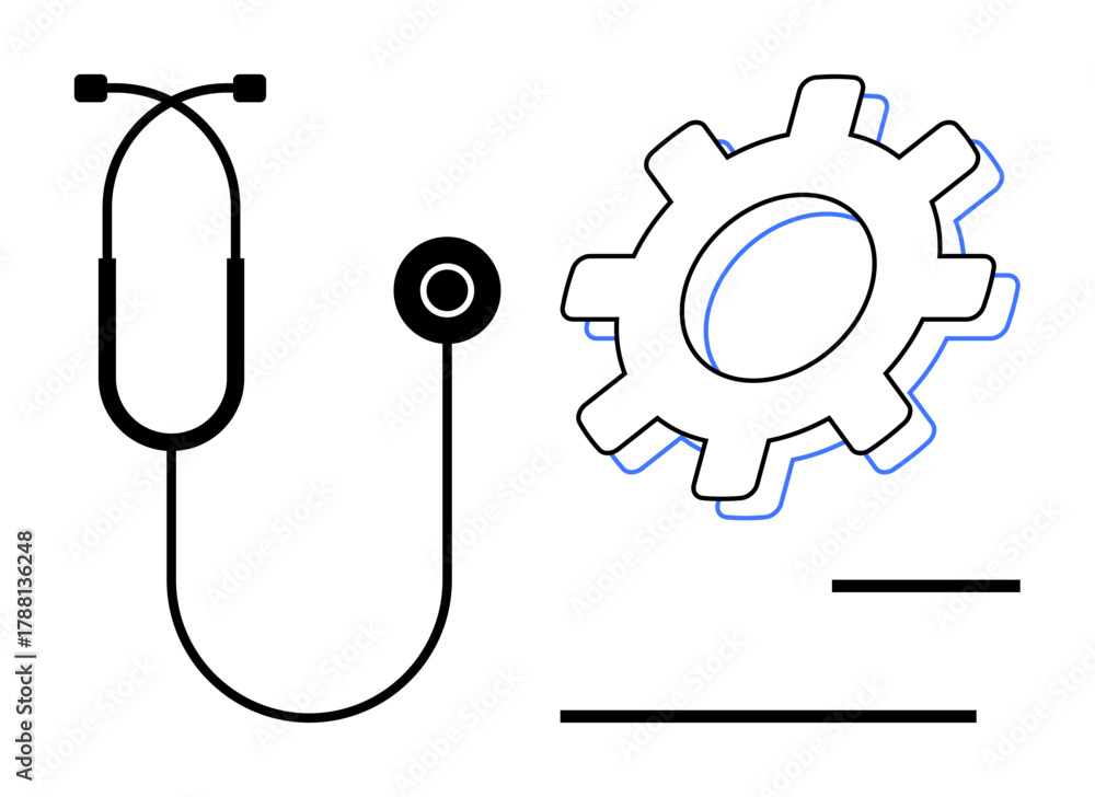 Fototapeta premium Black stethoscope and gear icon symbolize integration of medicine and technology. Ideal for healthcare, innovation, diagnostics, engineering, collaboration, medical research, and automation. Simple