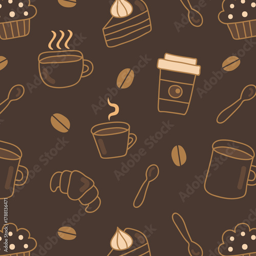 Coffee, tea line pattern. Abstract cup, dessert, chocolate sweets. Bakery and cafe outline background
