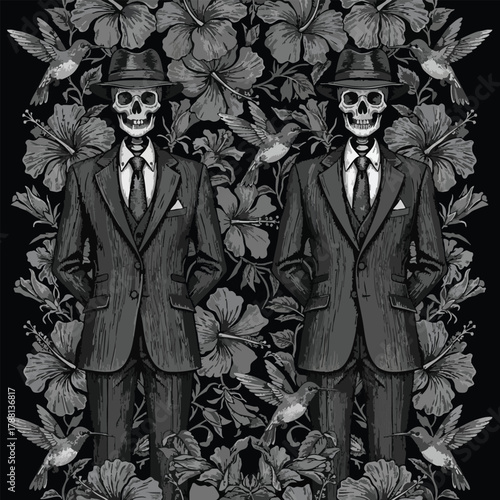 Elegant Skeletons in Suits Amidst Tropical Flowers and Hummingbirds Surreal Art