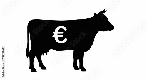 Dairy farm profitability concept showing a cow silhouette branded with a euro symbol, representing agricultural economics and livestock wealth