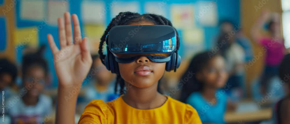 A child wearing virtual reality glasses raises their hand in class — a topical visual for discussing innovations in education or a thematic backdrop at technology exhibitions.