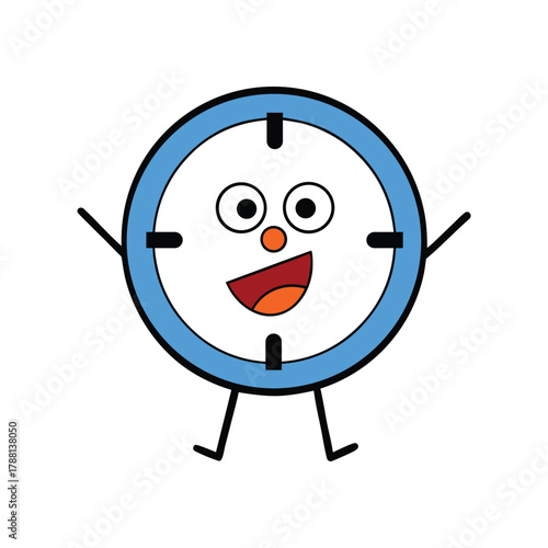 Happy cartoon clock character with a big smile and moving limbs