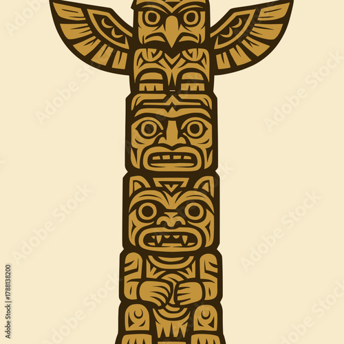 Artistic illustration of a totem pole featuring carved figures and animal motifs.