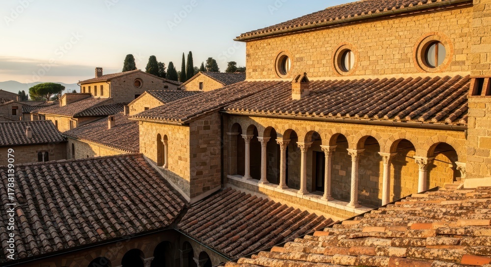 Obraz premium Ancient Tuscan architecture features tiled roofs and arcaded facades in golden sunlight