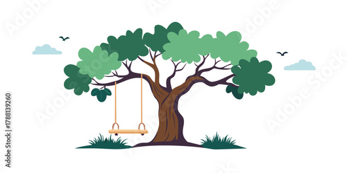 An ancient tree with a swing hanging from its branches, representing the joy of childhood and the magic of timeless moments.
