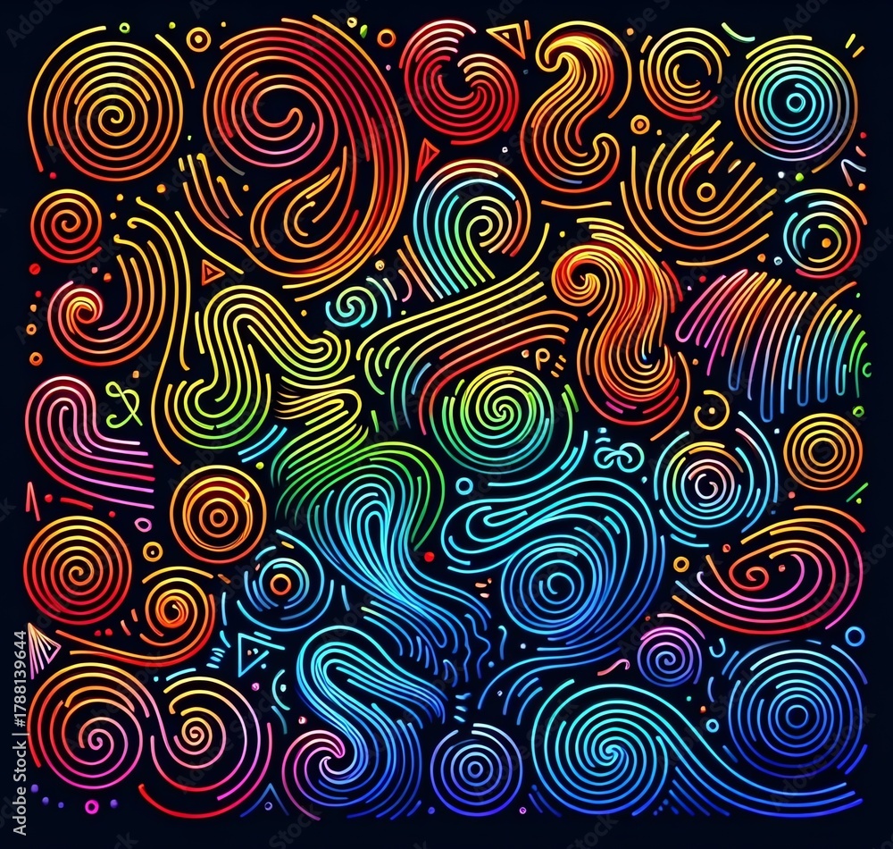 Fototapeta premium A collection of vibrant, squiggles and spiral shapes, arranged randomly across a solid black background