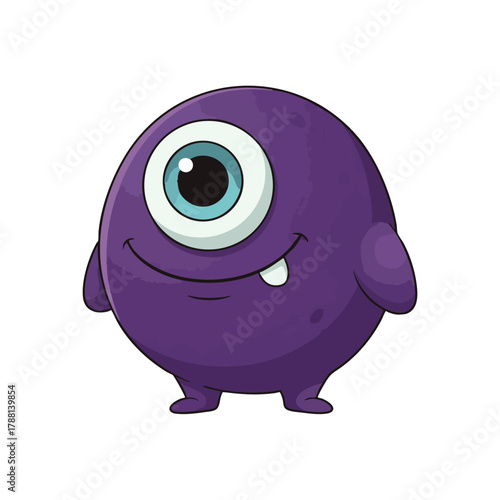 Adorable one-eyed purple cartoon monster with a friendly smile and a single tooth