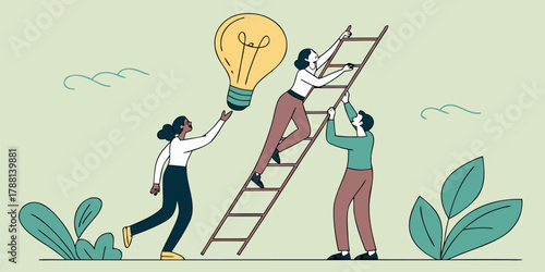 Inspiring teamwork to reach new heights, innovative ideas and business success, team collaboration illustration, climbing ladder towards opportunity