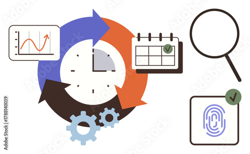 Clock with cyclical arrows, gears, data chart, calendar, magnifying glass, fingerprint with checkmark. Ideal for productivity, organization technology analysis planning security workflow. Simple