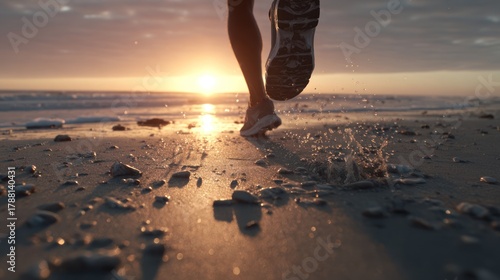Footsteps on the Horizon: A runner's determined stride across a sandy beach, silhouetted against a radiant sunrise, embodying the essence of perseverance and aspiration. 