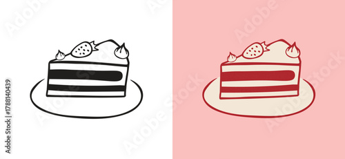 Hand drawn cartoon cake slice icon with strawberry, Sweet bakery pastry illustration dessert. for menu, invitations, sticker, or birthday design. Doodle vector illustration.