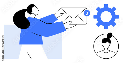 Woman holding an envelope with a notification badge, gear symbolizing settings, and profile icon. Ideal for communication, teamwork, email systems, notifications, user profiles, workflow and digital
