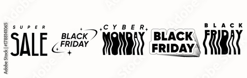 Minimalist bold sale typography designs set with Black Friday, Cyber ​​Monday, Super Sale text, for online store banners, marketing, social media ads, website headers, posters, seasonal promo. Vector