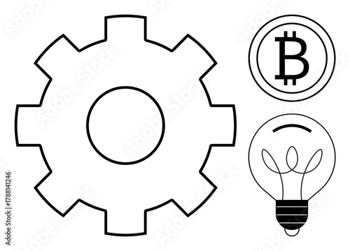 Minimalistic gear, Bitcoin, and light bulb designs symbolize innovation, technology, cryptocurrency, and creative problem-solving. Ideal for finance, technology, innovation brainstorming digital