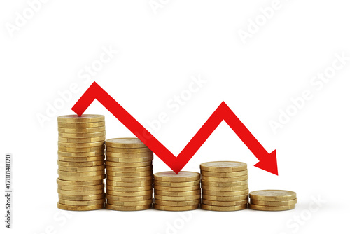 Foto Stack of coins with red decreasing arrow - Loss of money concept