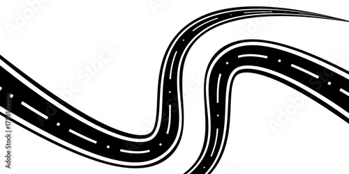 Winding road. Traveling along a curved highway. Background of the road to the horizon in perspective. Curvy asphalt empty line isolated vector concept.
