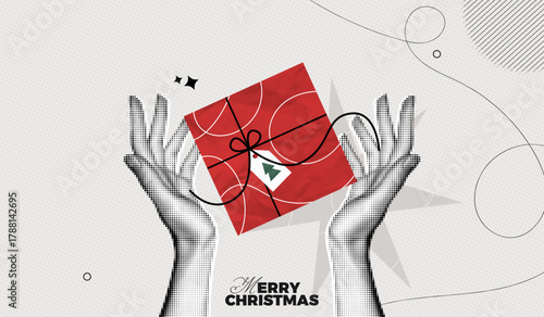 Trendy Halftone Collage Merry Christmas and New Year poster. Women's hands holds red gift box. Xmas present with ribbon and bow. Party celebration. Paper texture. Contemporary vector illustration art