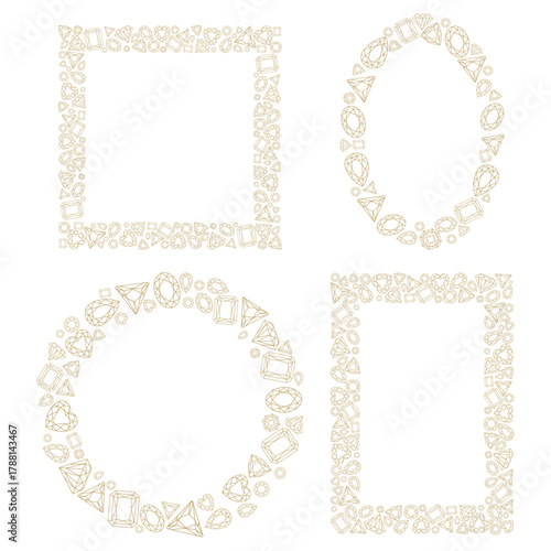 Set of elegant line art frames made of gemstones in gold color for wedding invitations, luxury branding, packaging, greeting cards, logo templates, certificates, posters, and digital design. Vector