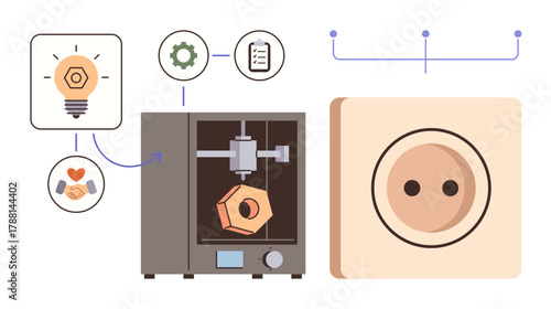 3D printer creating a polygonal object with icons suggesting innovation, planning, creativity, teamwork, and finished output. Ideal for technology, engineering, creativity, teamwork innovation