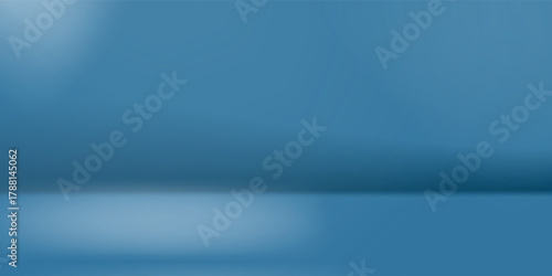 Panoramic abstract blue background for product presentation with sunlight and blurred shadows wall. Winter background.