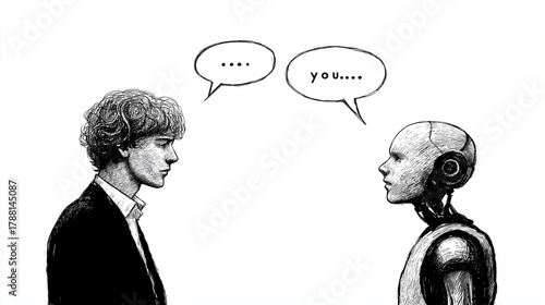 Dialogue of Minds: A stark illustration of a human engaging in a conversation with a robot. They exchange ideas through speech bubbles against a minimalist backdrop.