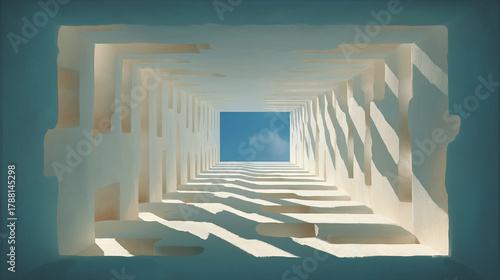 Architectural Vista: A modern architectural masterpiece features a series of precisely aligned white corridors that gradually frame a square of open sky, creating a captivating visual effect. 