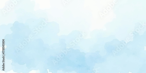 Abstract watercolor hand-painted sky blue background with fluffy white clouds, capturing the bright light and beautiful summer atmosphere