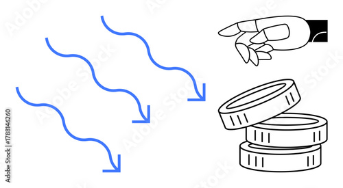 Robotic hand holding coins, stacked currency, and arrow flow symbolizing finance, technology, automation, and digital operation. Ideal for fintech, AI, innovation management economy investment