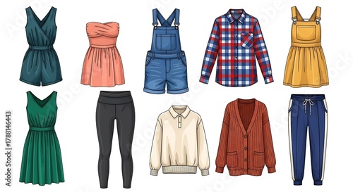 Colorful Women's Apparel Isolated on White, Featuring Dresses, Overalls, Pants, Shirts