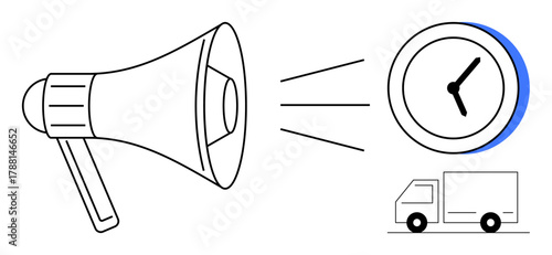 Megaphone projecting sound waves towards a clock and a delivery truck, symbolizing efficient communication, time management, and logistics. Ideal for marketing, punctuality, organization, delivery
